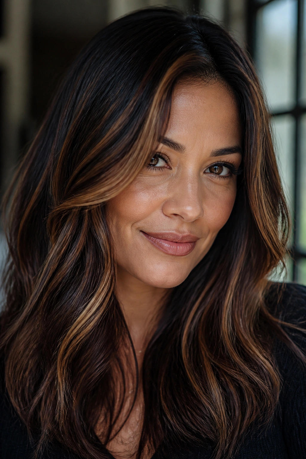 Close-up of a real woman with toffee ribbons woven through espresso brown hair