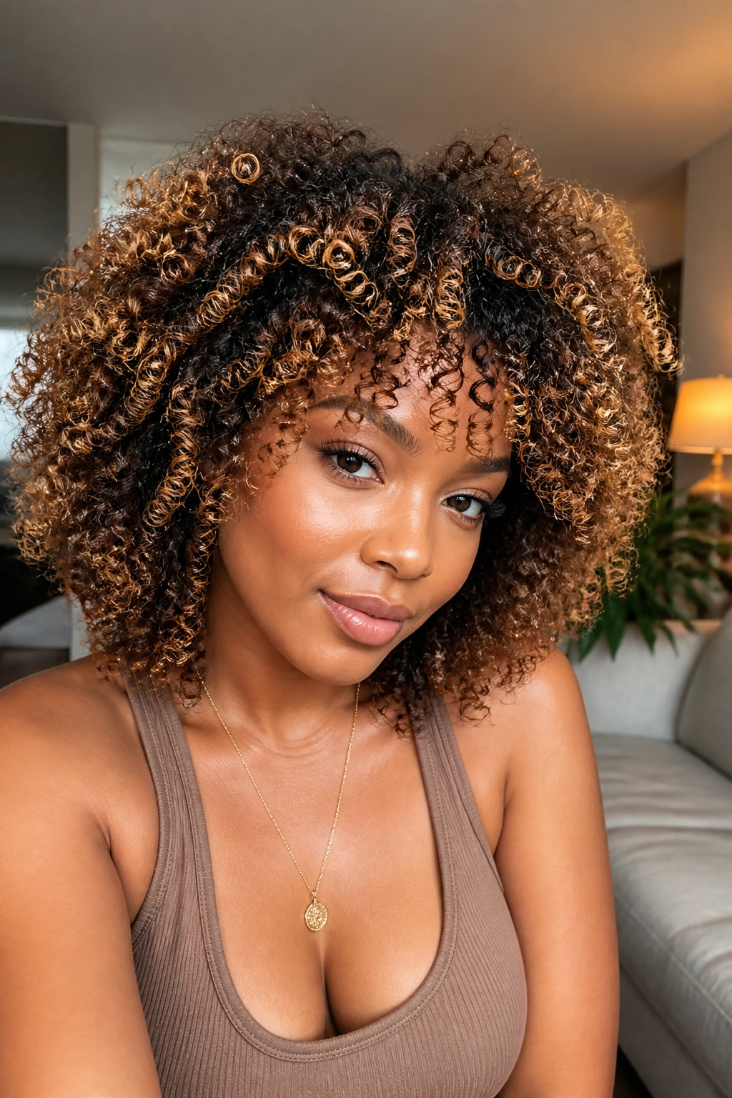 Real person with toffee ribbons hair color and brown-gold highlights on curls