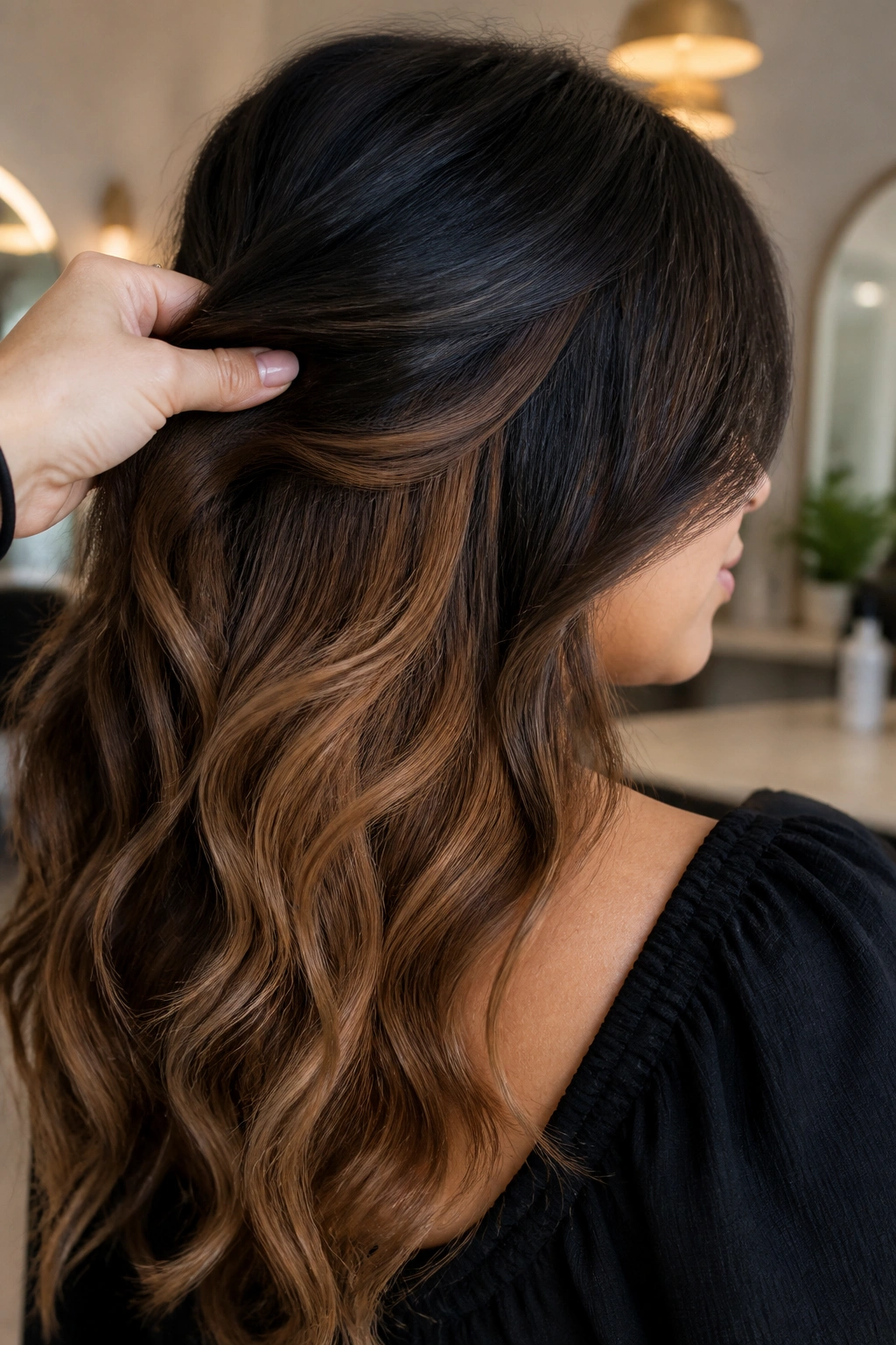 Back/side view of a real person with toffee ribbons peeking from beneath the top hair layer.