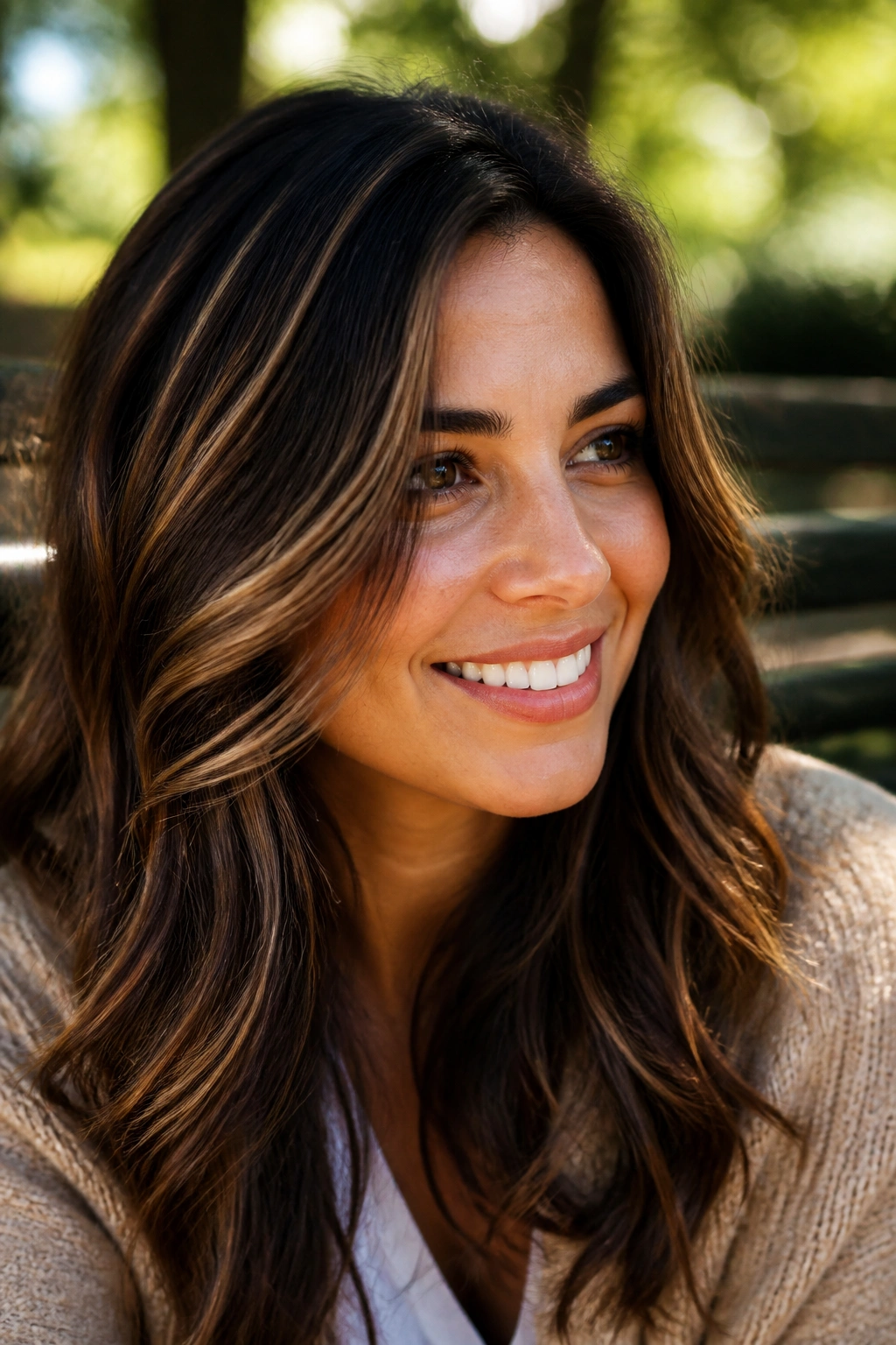 Close-up of a real woman with toffee ribbon highlights in dark brown hair