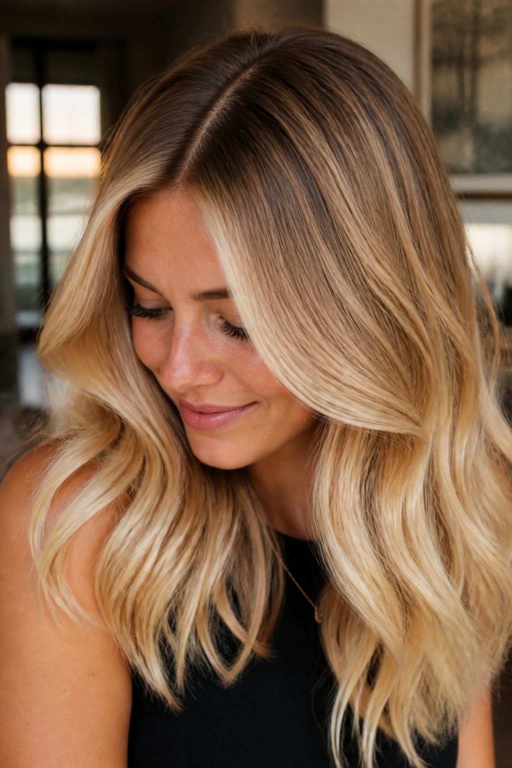 Close-up of a real woman with Toffee Root Shadow in warm lighting.