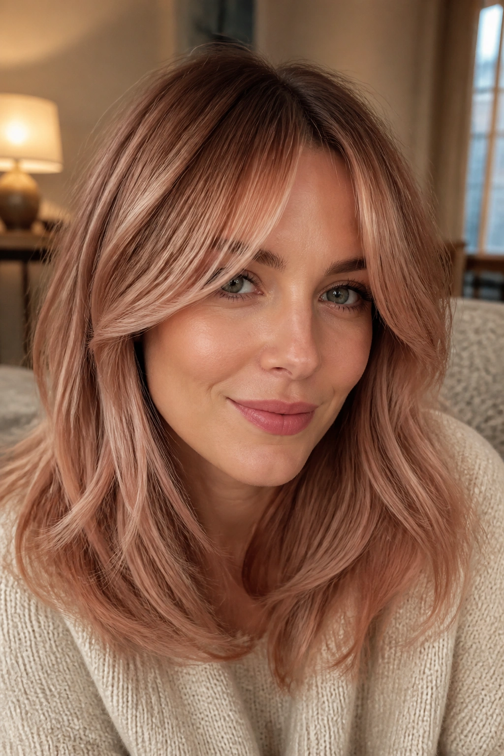 Portrait of a woman with toffee rose curtain bangs and warm-toned hair framing her face