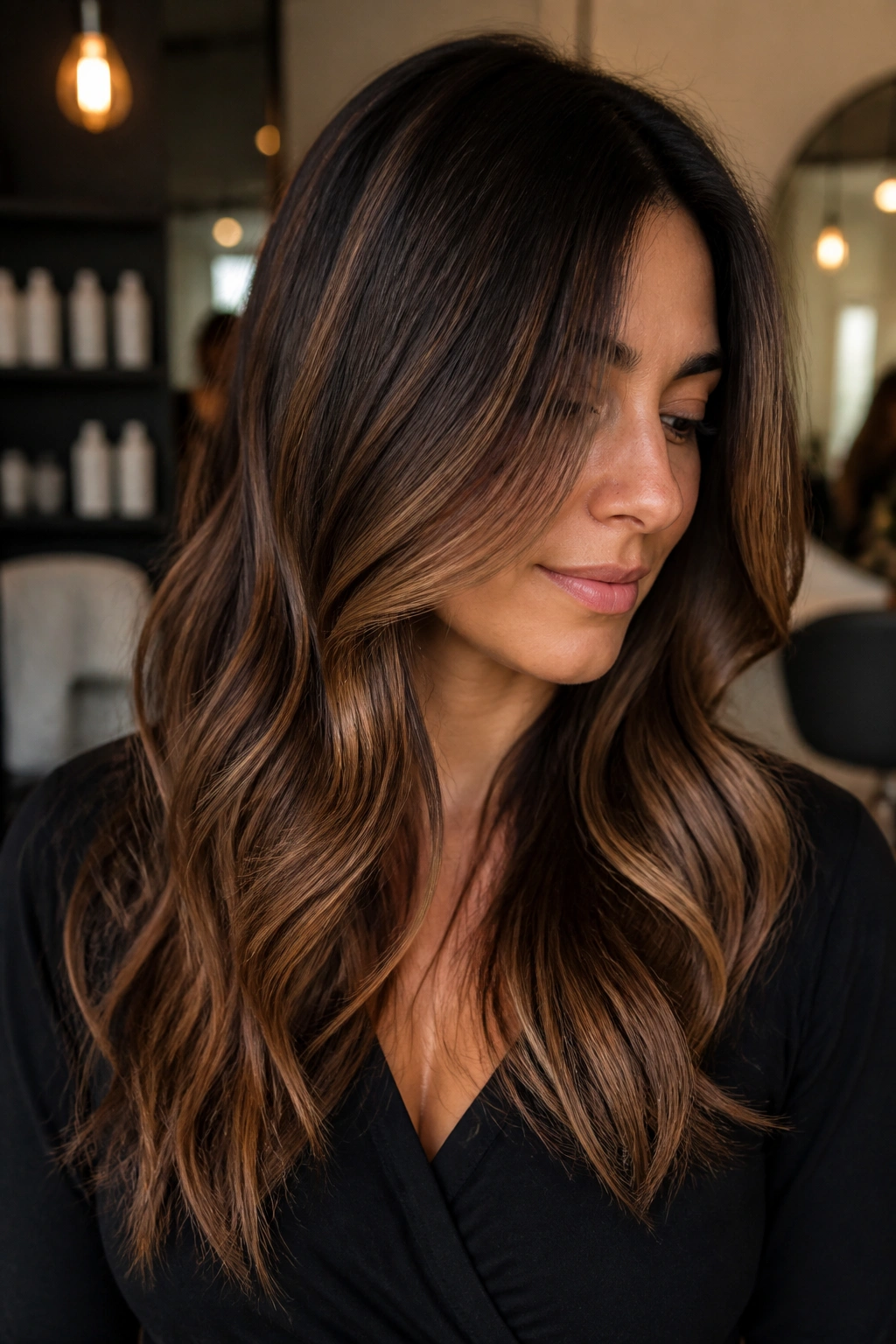 Close-up of chocolate brown hair with toffee strands.