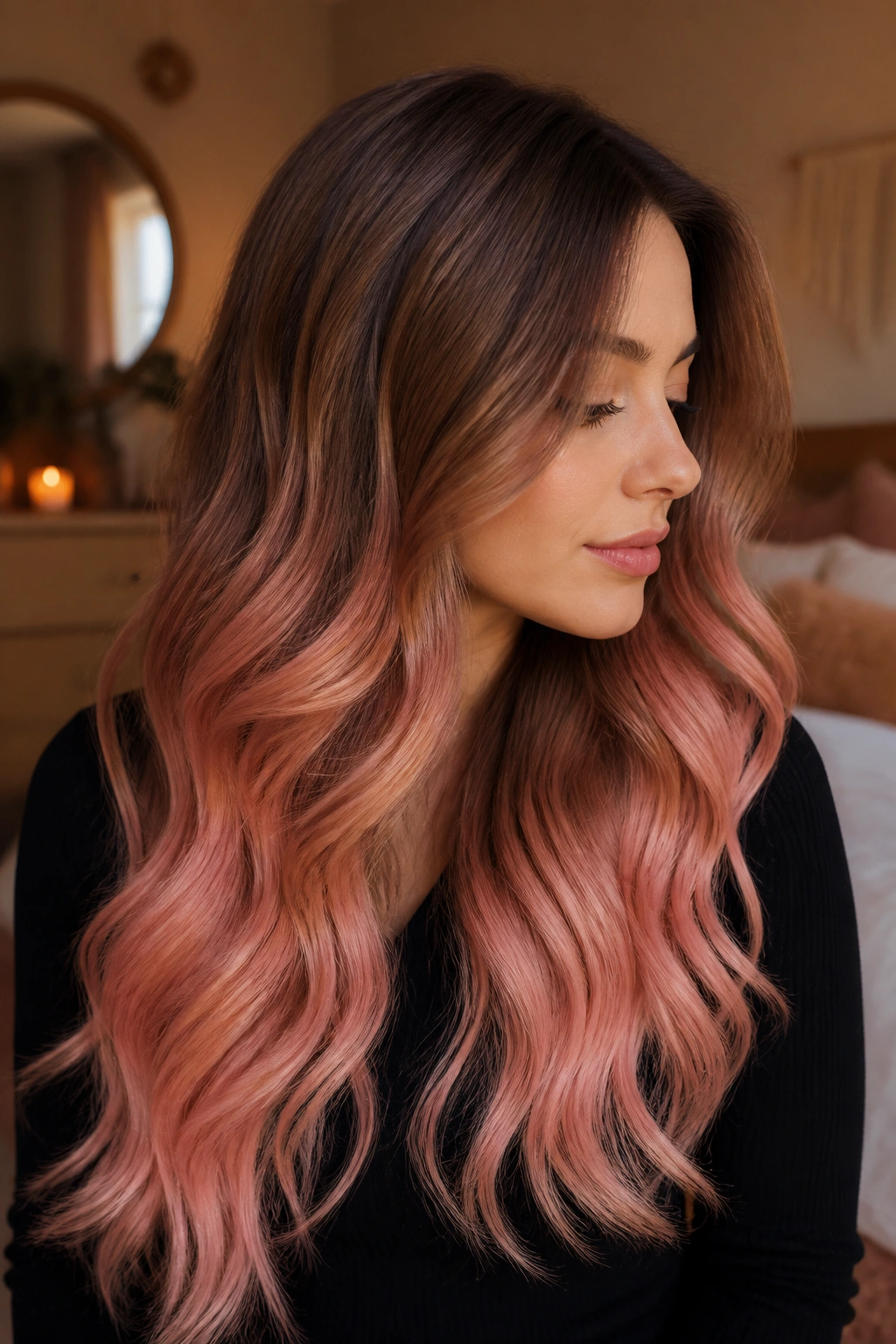 Close-up portrait of a real woman with toffee brown roots and strawberry cream ombre ends, soft waves.