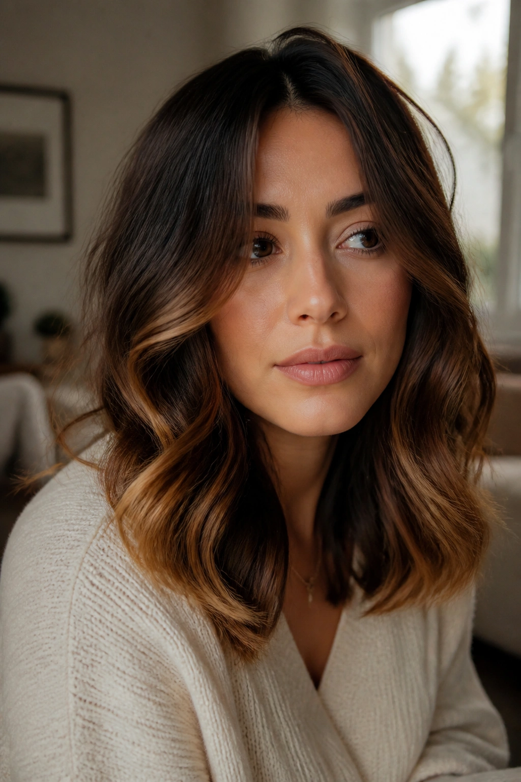 Close-up of a real woman with wavy brown hair featuring toffee-tipped ends.