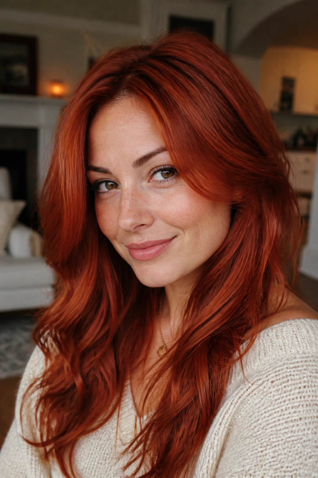 Portrait of a woman with tomato red hair and soft lowlights framing her face