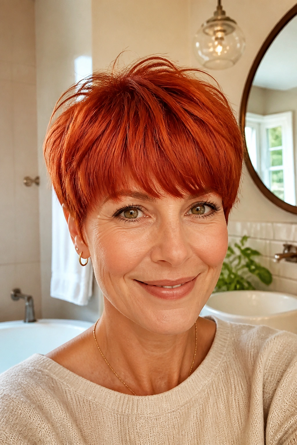 Close-up of real person with tomato red French pixie and wide fringe in sunlit bathroom.