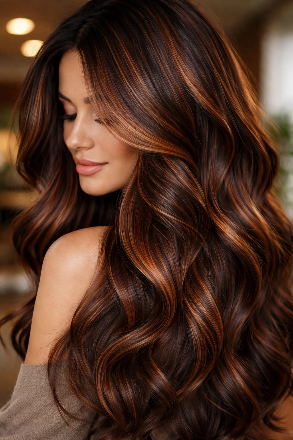 Close-up portrait of a real person with tonal copper ribboning in hair