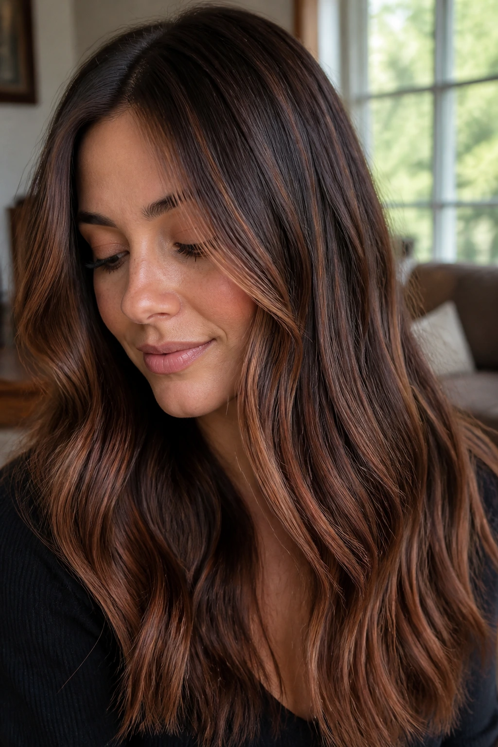 Close-up portrait of cool brown hair with toned-down copper highlights