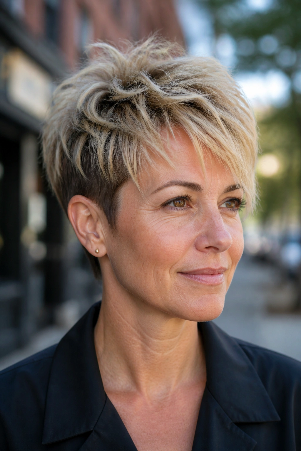 Close-up portrait of a real woman with choppy top-heavy pixie showing uneven texture