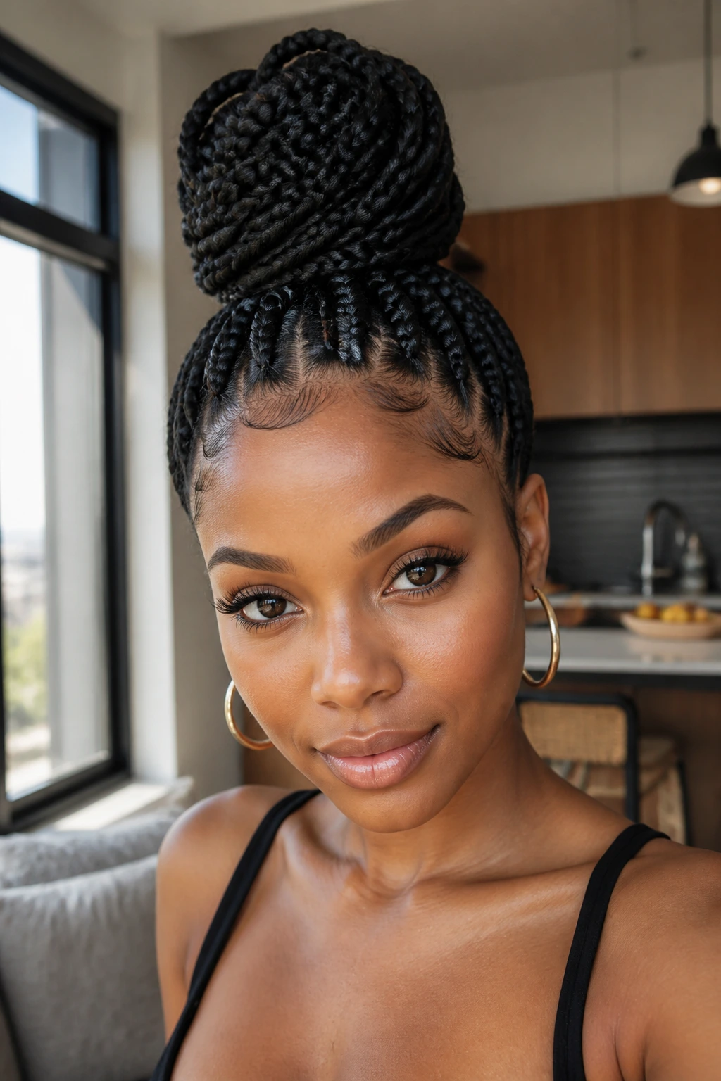 Close-up portrait of a real woman with a high top-knot of box braids