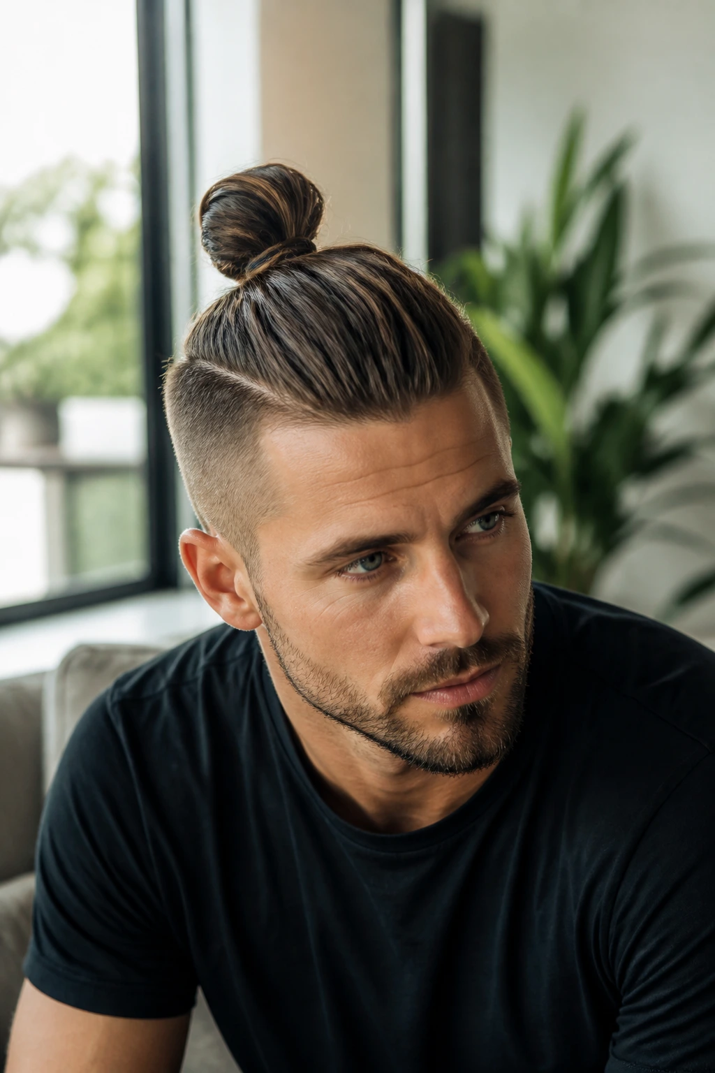 Close-up portrait of a man with a top knot hairstyle