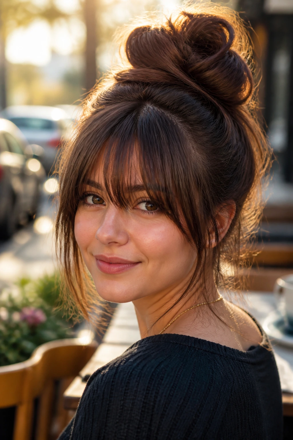 Close-up of a real woman with a voluminous top knot and long bangs.