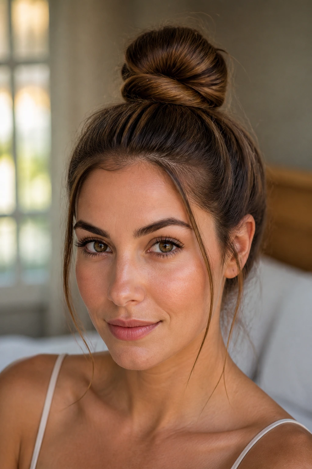 Close-up of a real woman with a high top knot and loose front pieces framing the face
