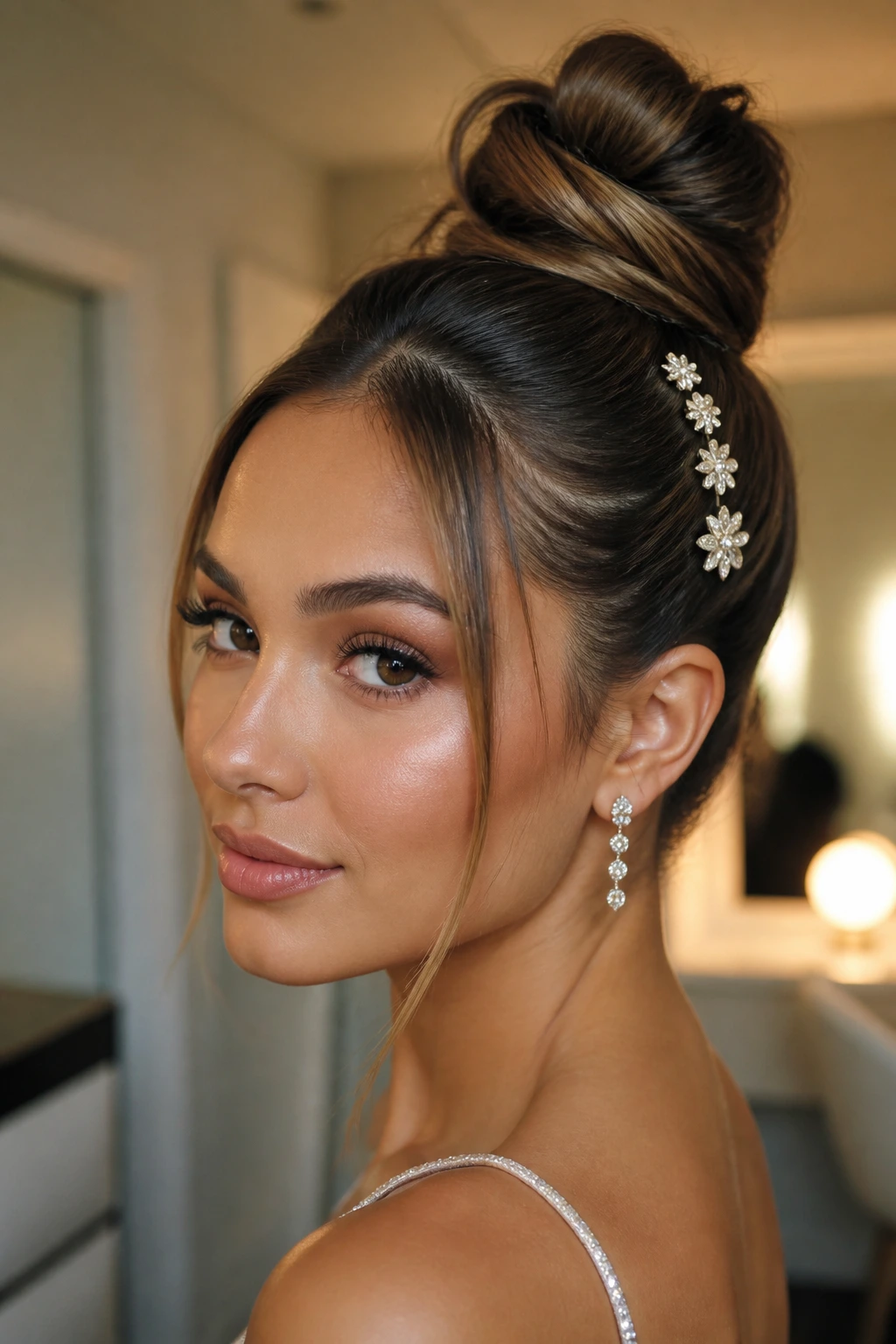 Real woman with high top knot and statement clips