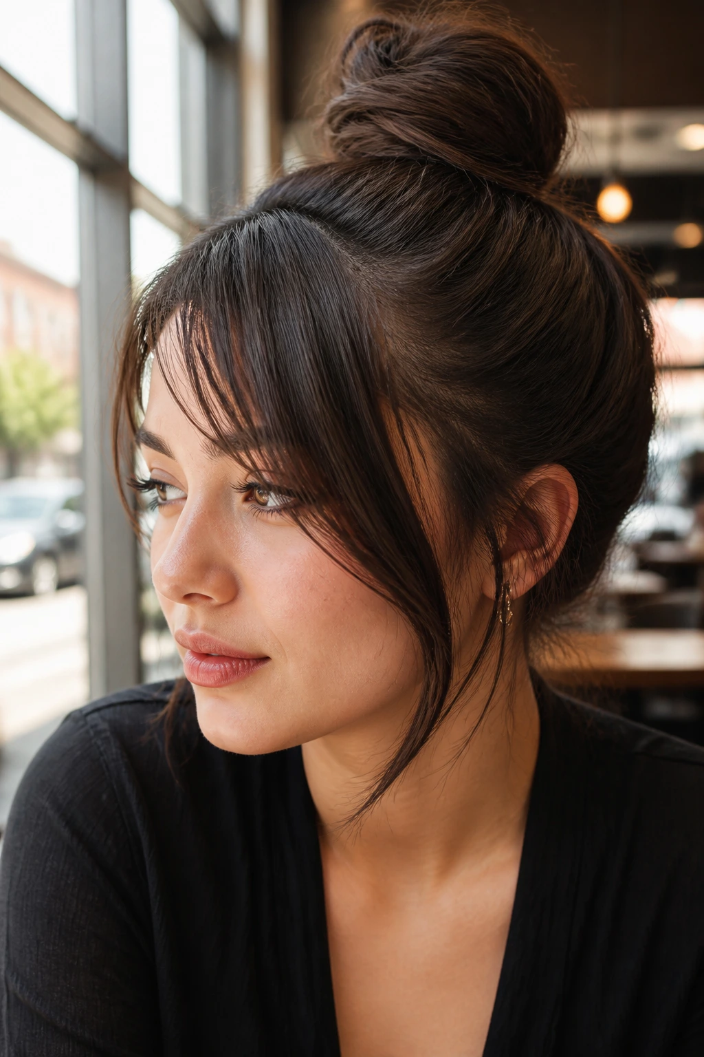 Close-up of a real woman with a high top knot and side fringe in a bright cafe setting