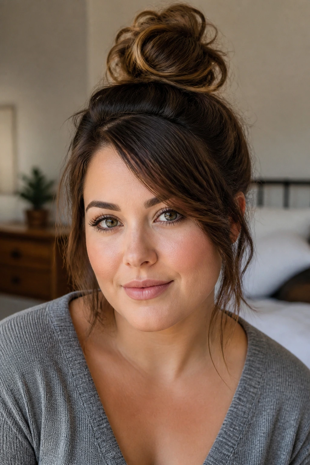 Close-up of a real woman with a high messy top knot and side-swept front sections for round-face framing