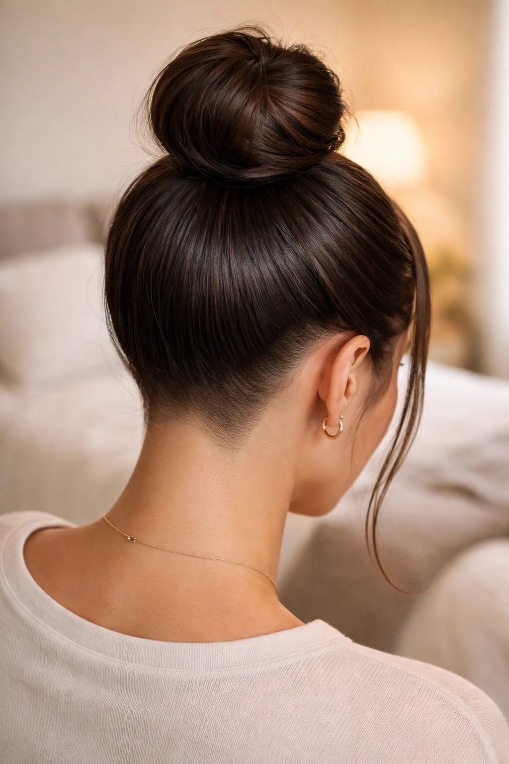 Back-of-head view of a real person with a top knot bun and tapered nape
