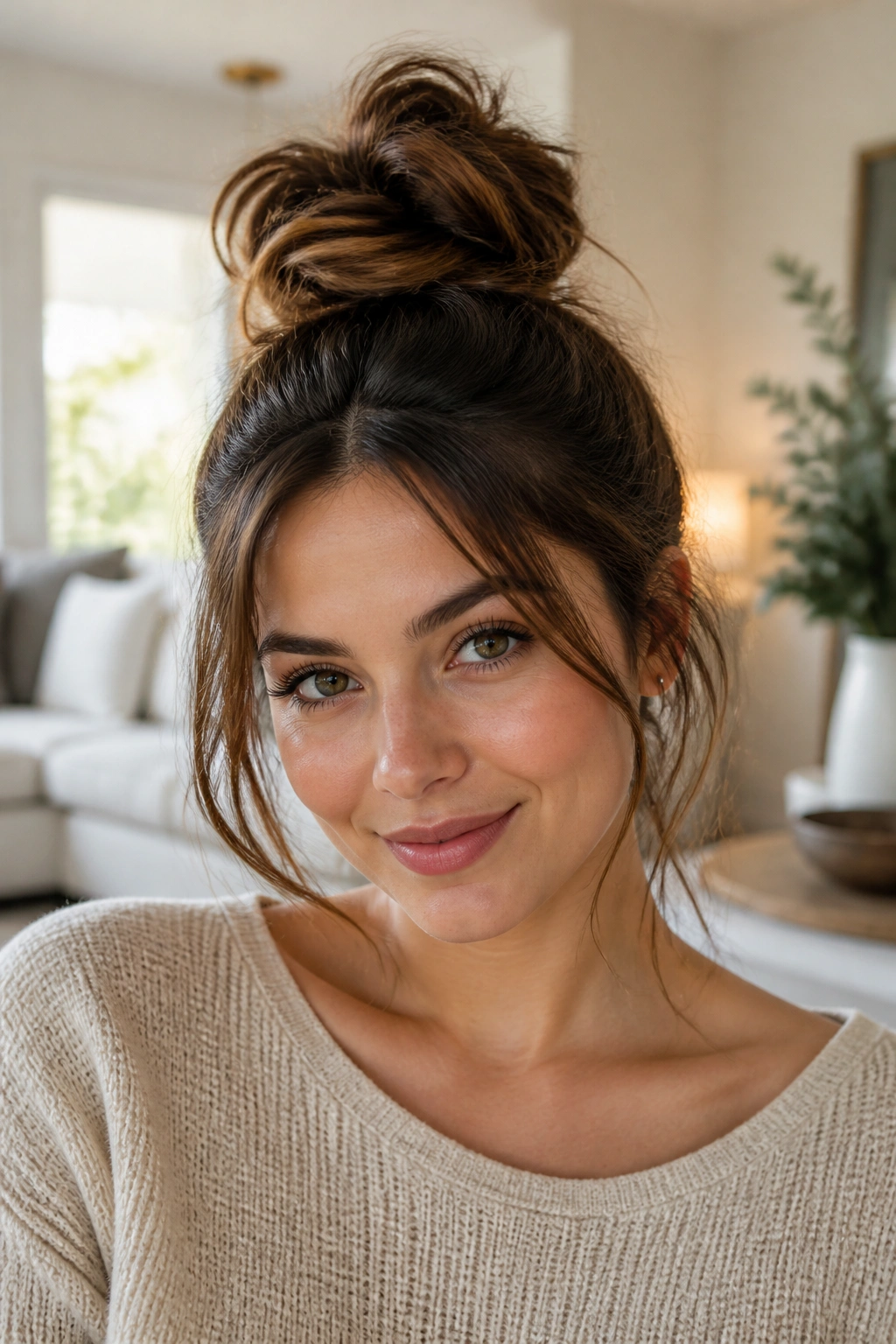 Portrait of a woman with a tousled top knot and soft tendrils around the temples.