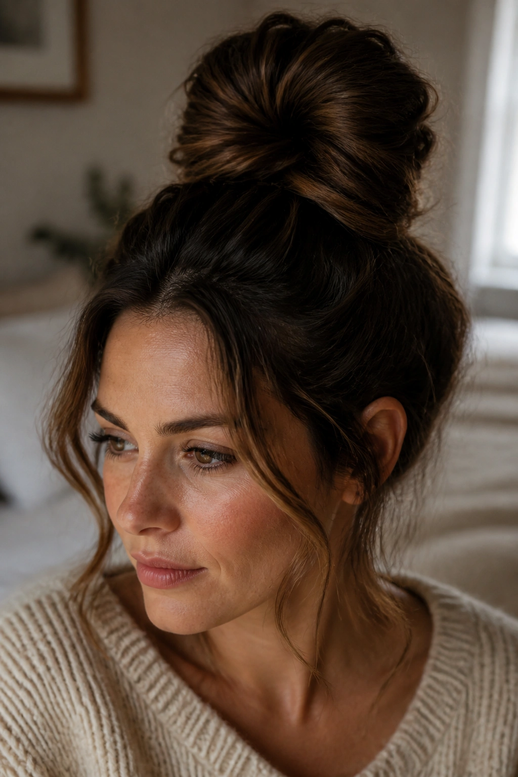 Close-up of a real woman with a thick wavy top knot and face-framing pieces in warm natural light