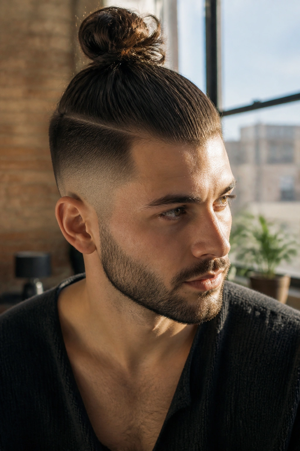 Close-up portrait of a man with top knot undercut in warm indoor light