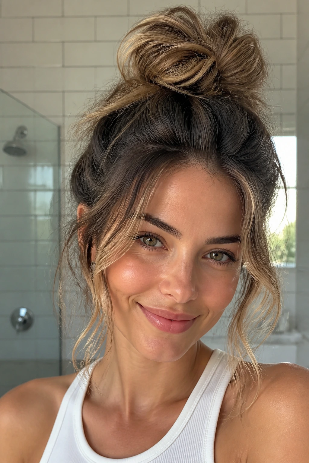 Close-up of a real woman with a messy top knot and face-framing waves