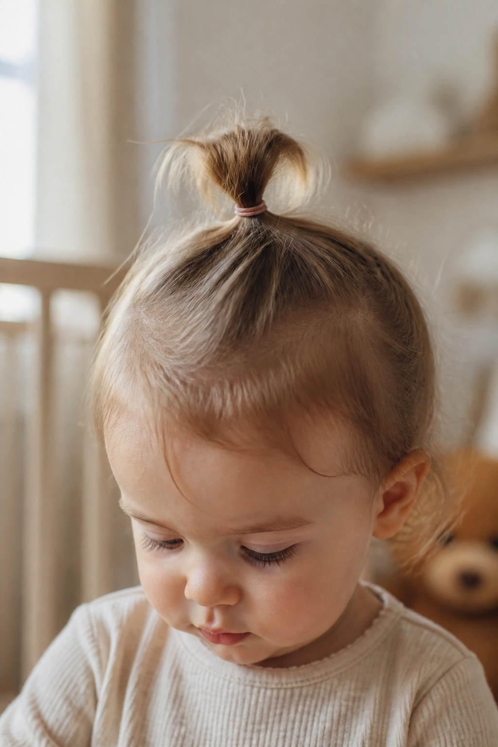 Close-up of a real toddler's head with a tiny top knot in warm nursery light
