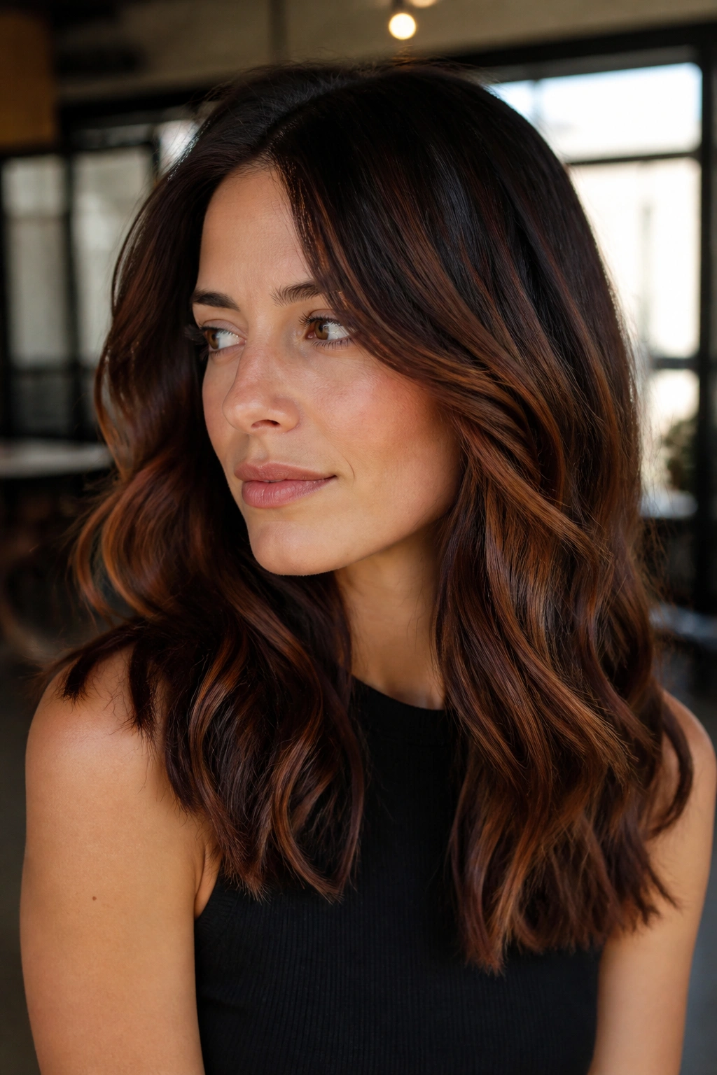 Close-up of tortoiseshell brunette with auburn lift