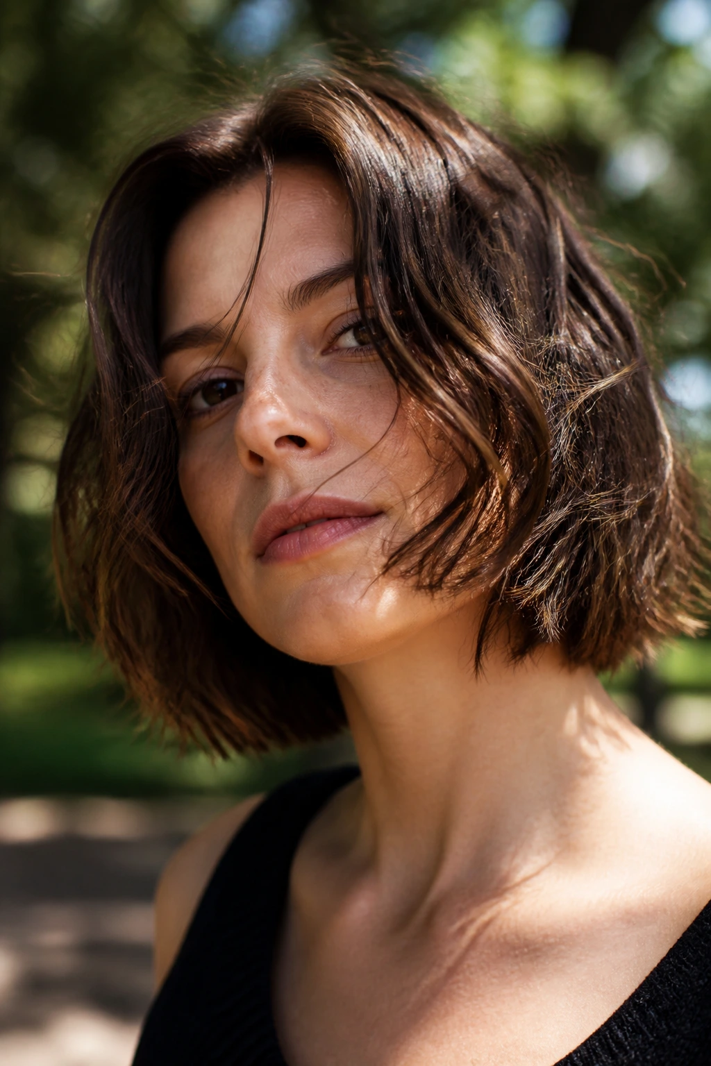Brunette with tousled air-dried bob in sunny park