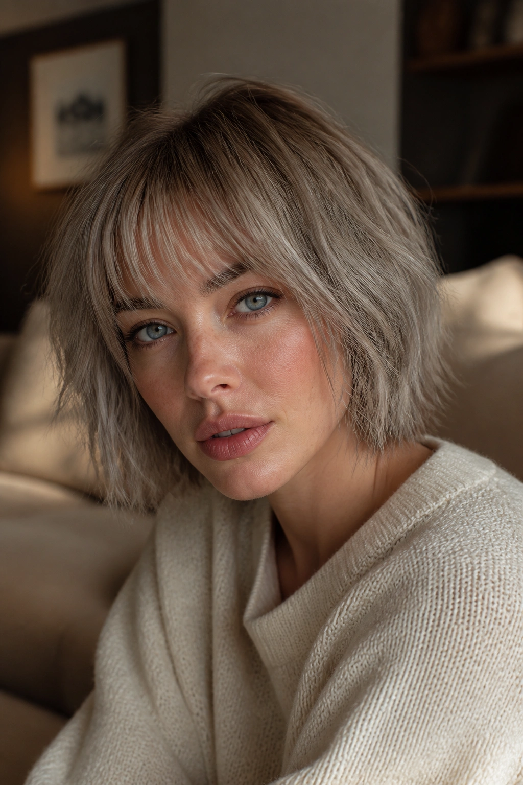 Close-up portrait of tousled ash bob with wispy bangs on a real woman