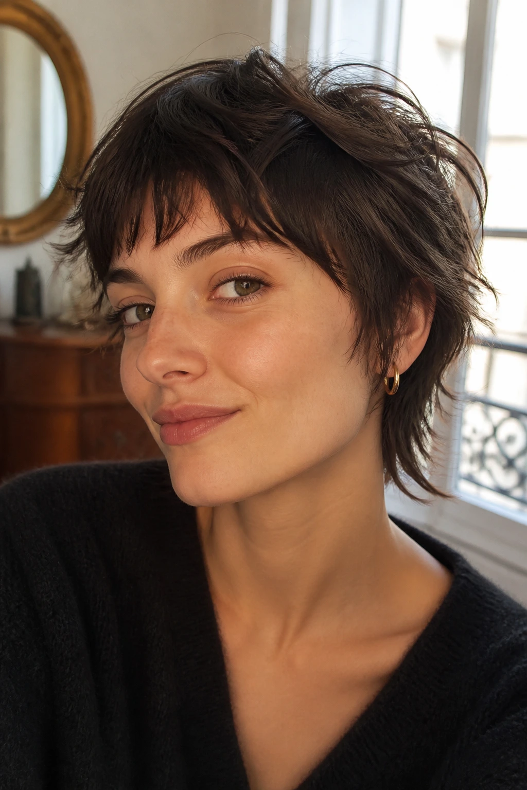 Close-up of Tousled Baby-Bangs Shag on a real person with baby bangs and tousled crown