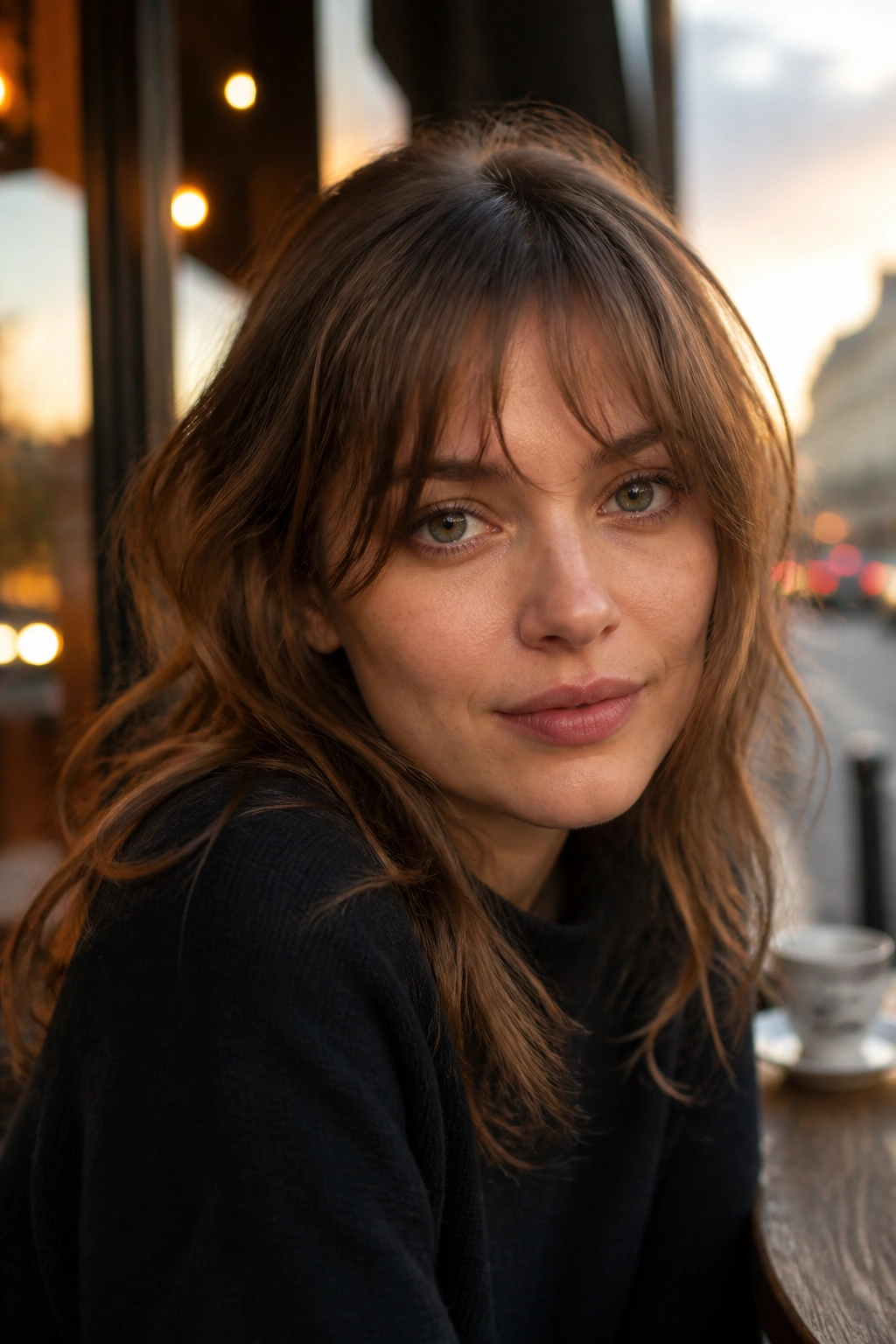 Close-up of a real woman with tousled undone French bangs, natural light