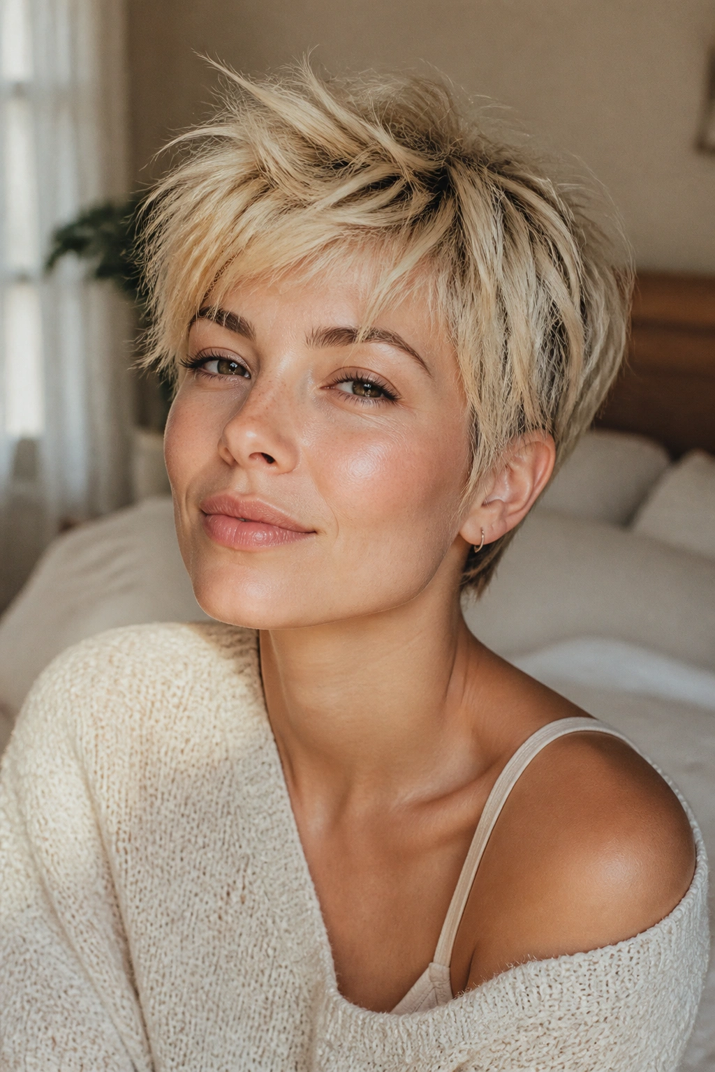 Close-up portrait of a real woman with tousled bedhead blonde pixie showing texture and lift