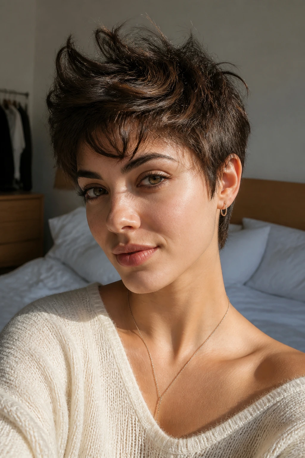 Close-up portrait of a real woman with tousled bedhead pixie and crown height