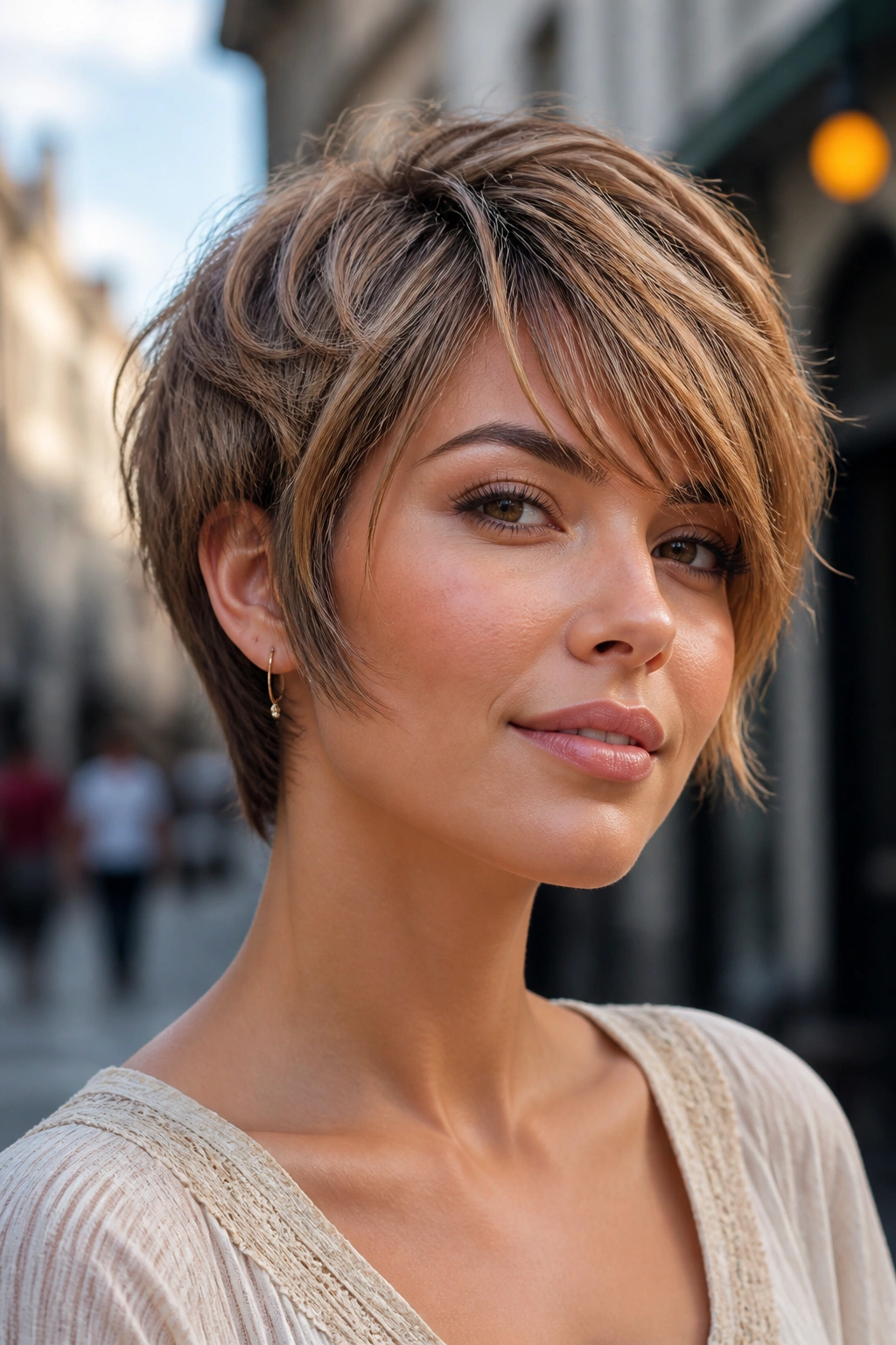 Portrait of a real woman with tousled bixie and side fringe.