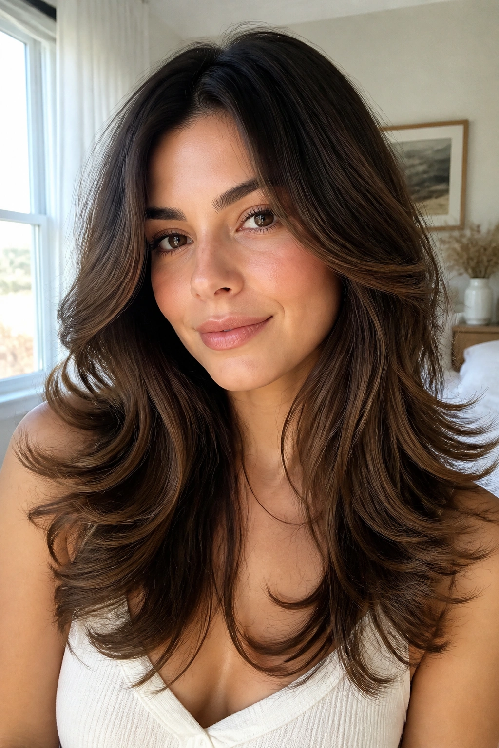 Close-up of a real woman with a tousled blowout and flipped ends