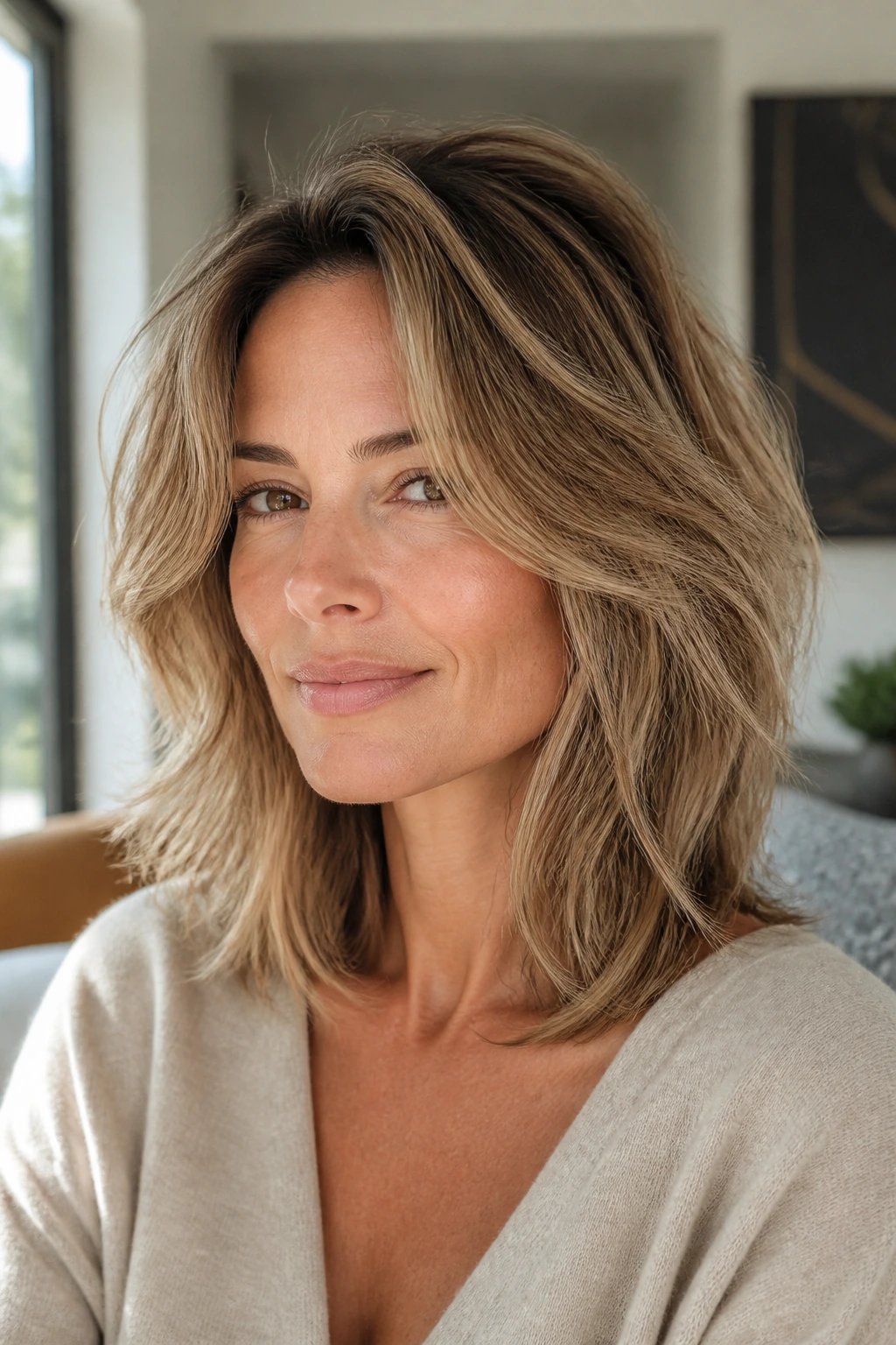 Close-up portrait of a real woman with tousled blowout shag lob hairstyle