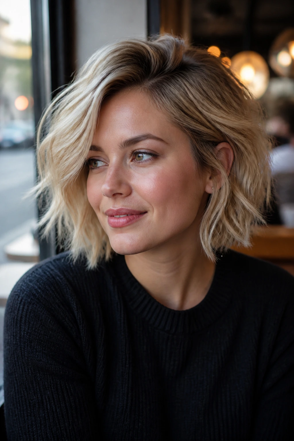 Real woman with a tousled blonde bob and deep side part in a cafe with soft daylight.