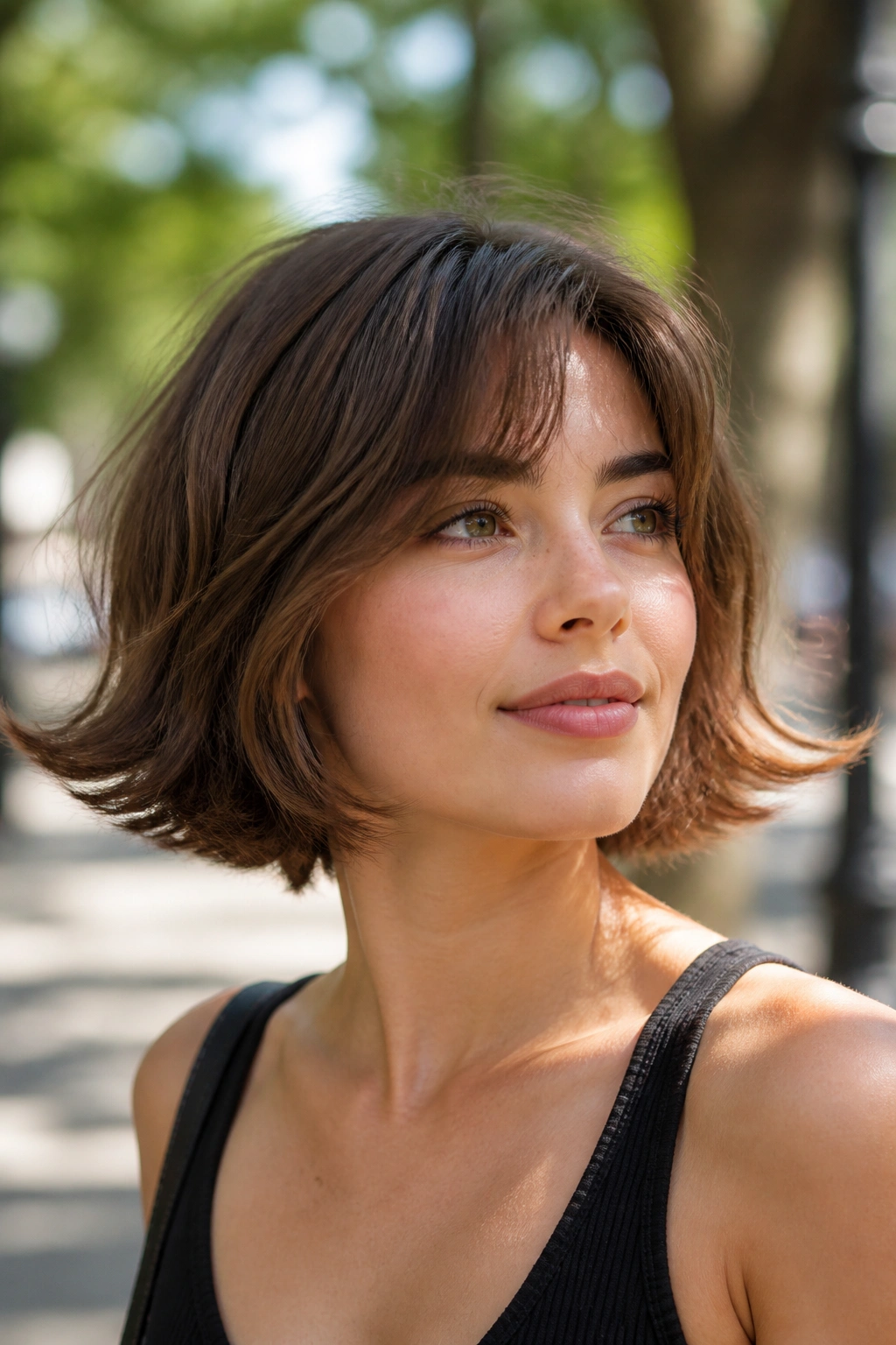 Portrait of a real woman with a tousled bob and flipped ends in daylight