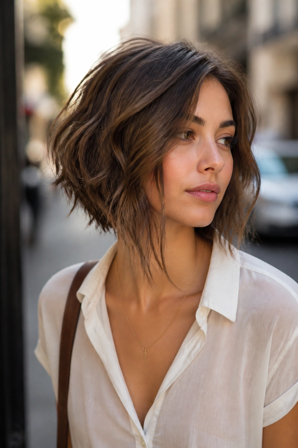 Mid-shot portrait of a real woman with a tousled bob and longer front angle.