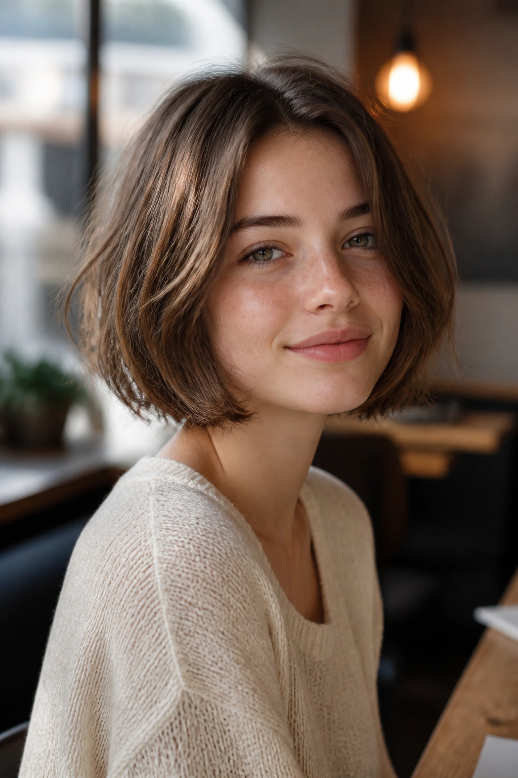 Portrait of a girl with a tousled bob and natural movement in soft light
