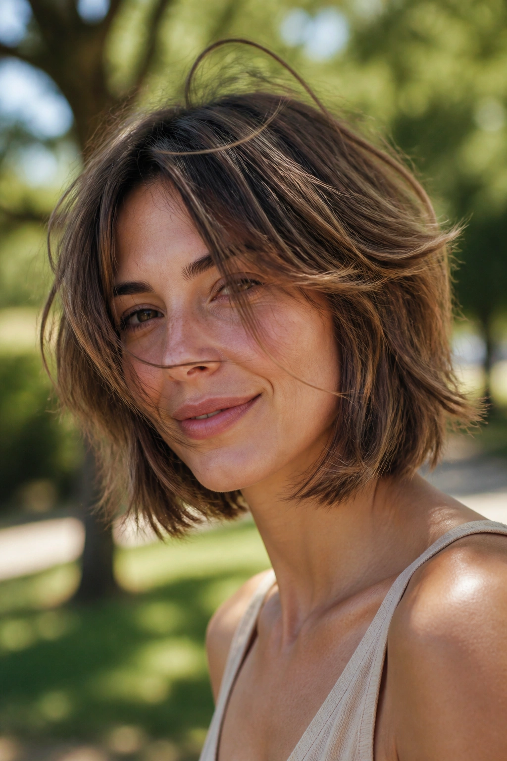 Close-up of a real person with a tousled bob and long layers, wind-swept texture.