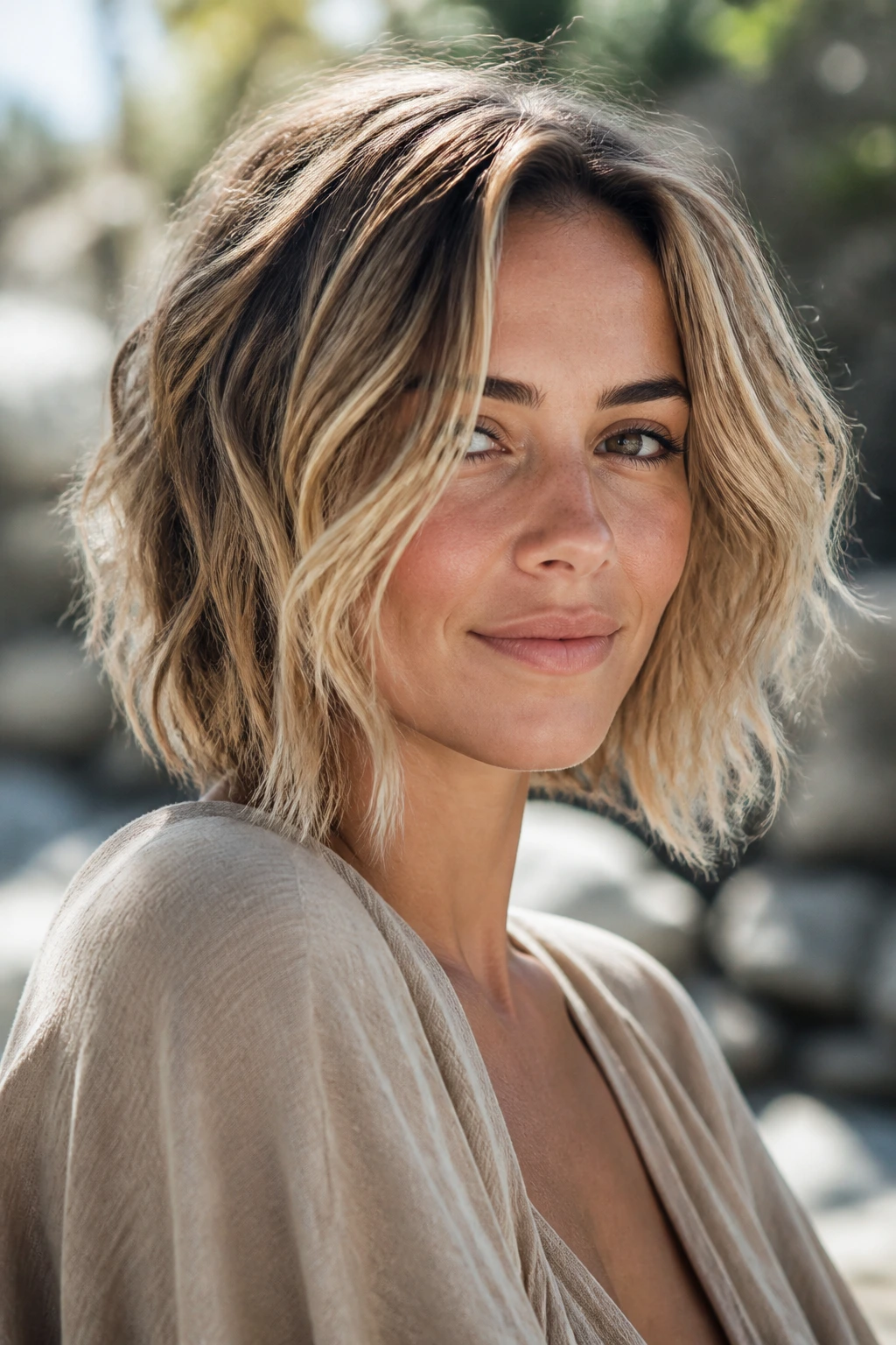 Real woman with tousled bob and sandier blonde highlights in sunlight