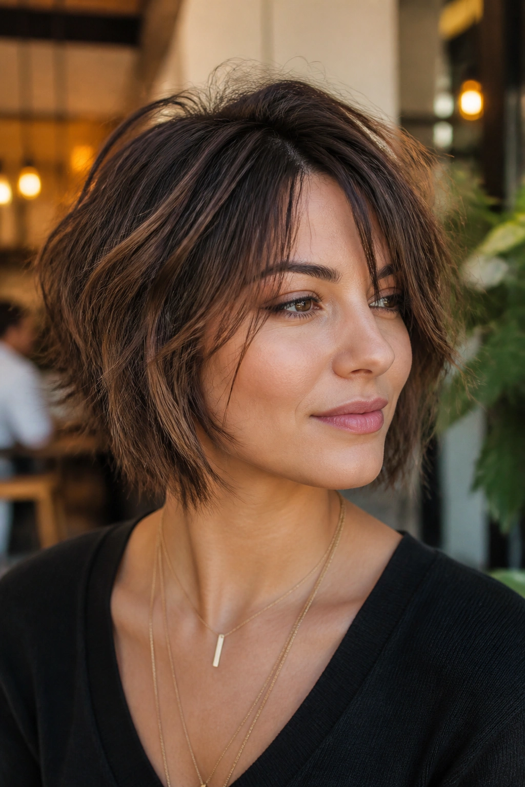 Close-up of a real woman with tousled bob shag and piecey texture