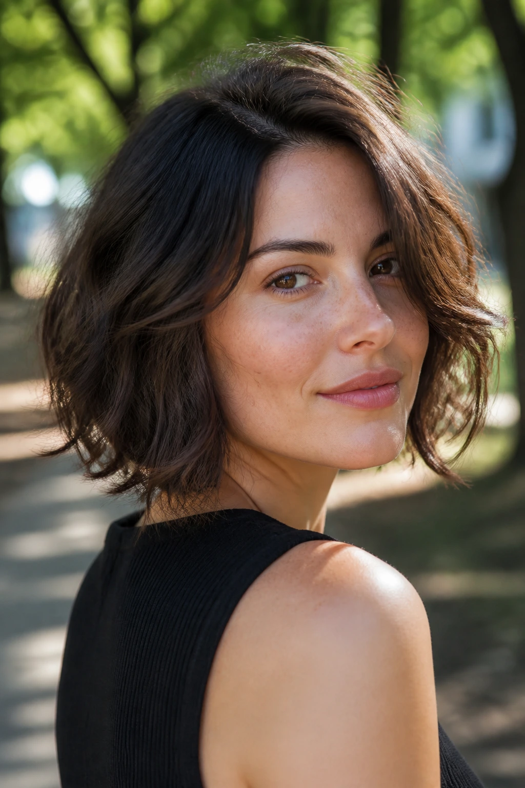 Close-up of real woman with tousled soft waves in a park setting