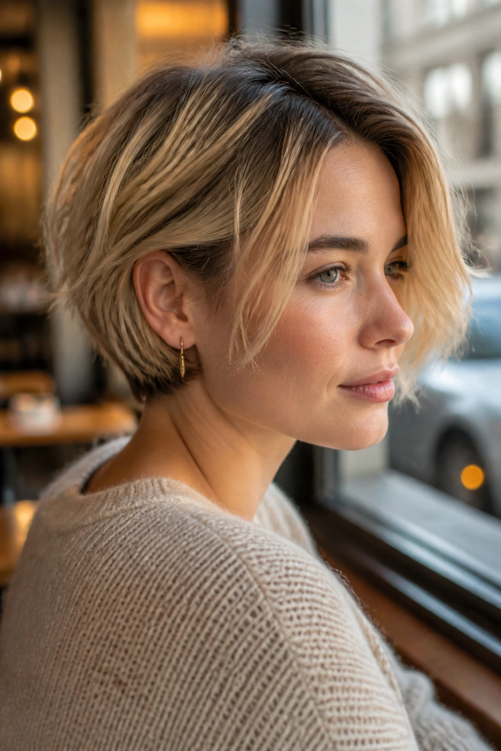 Real woman with tousled bob and subtle undercut in beige blonde