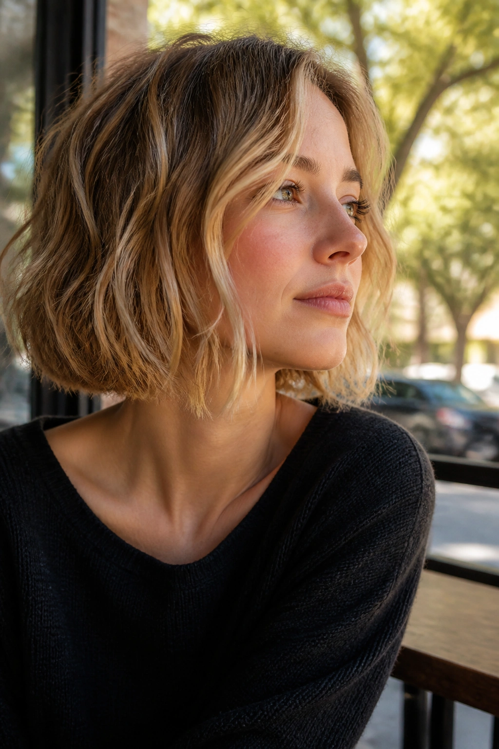Chin-length tousled bob with lived-in waves on a real woman in a sunny cafe setting.