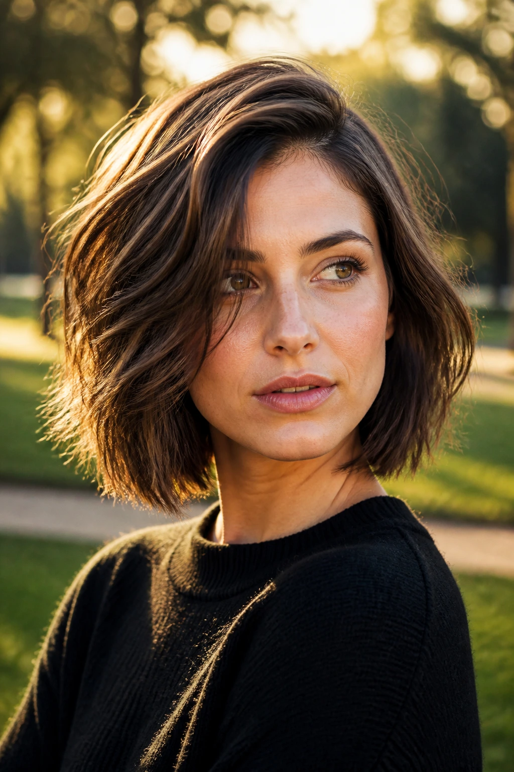 Portrait of real person with tousled brown bob and off-center part