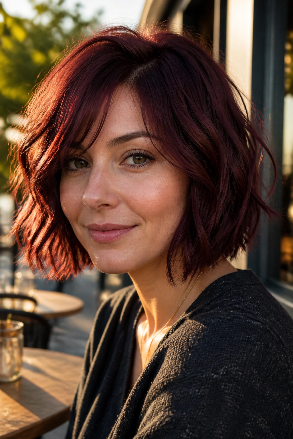 Portrait of a real woman with tousled burgundy bob and piecey ends in golden hour light