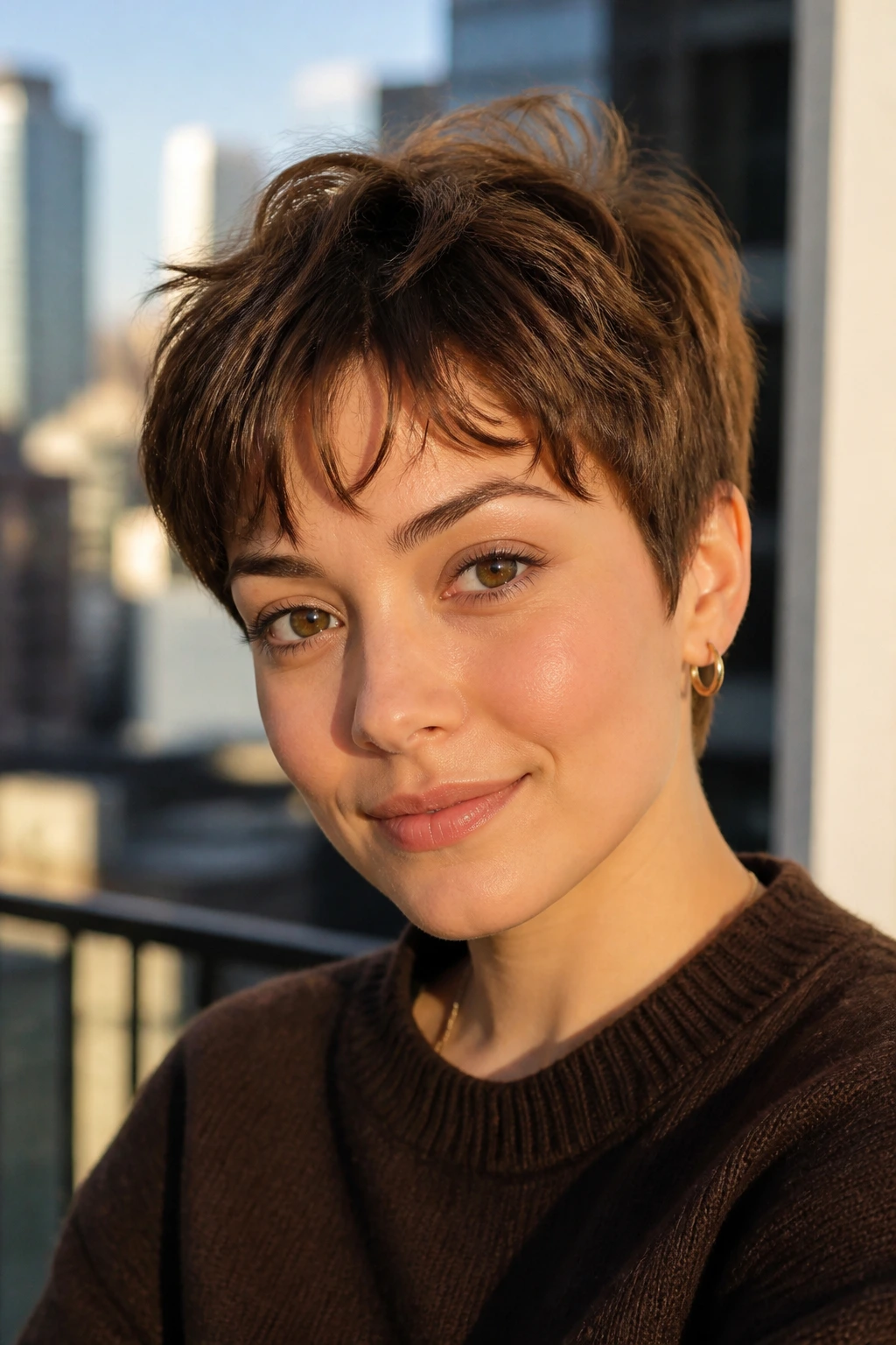Close-up portrait of a real woman with tousled brown crop and piecey bangs